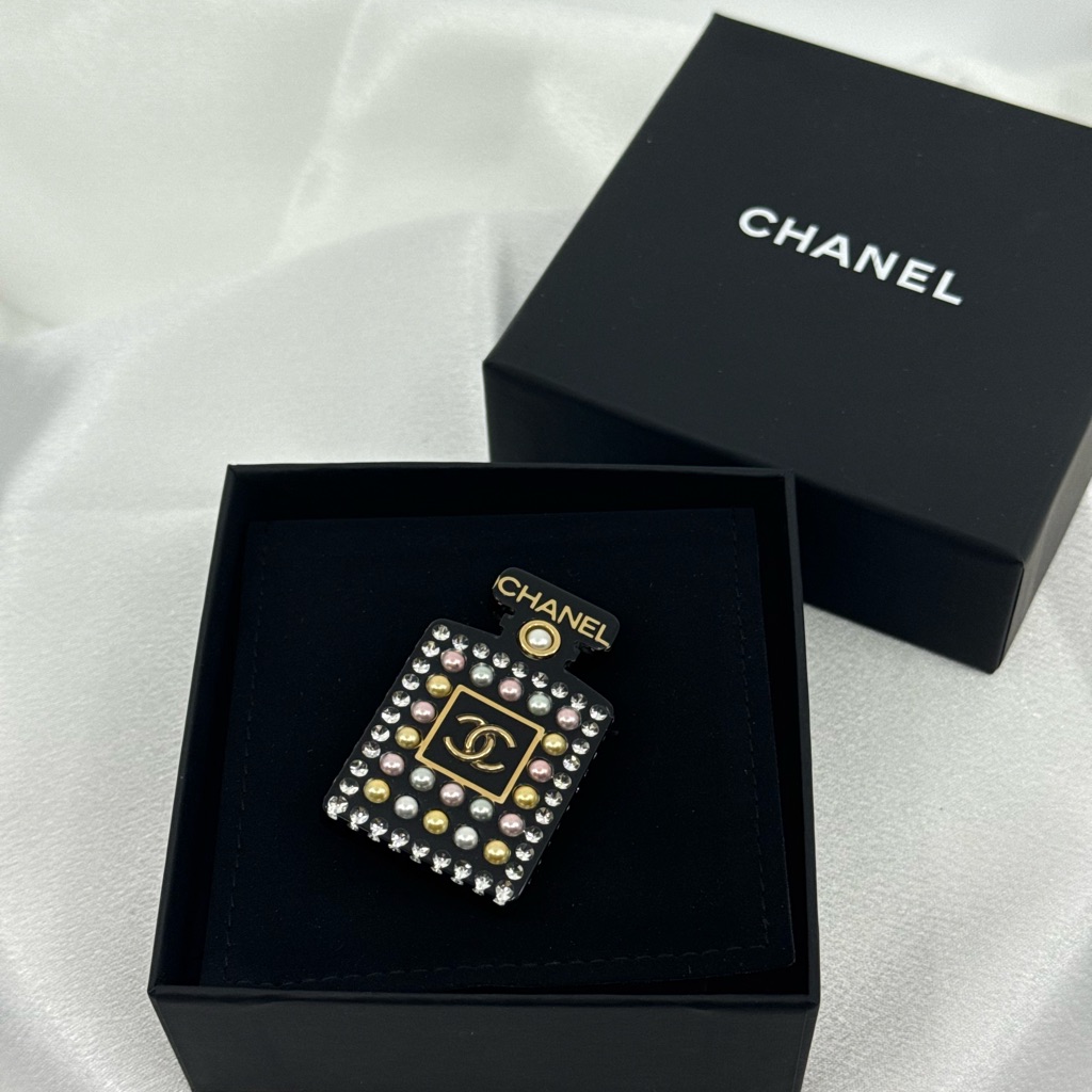 Chanel Black And Gold Cc Logo Perfume Bottle Brooch